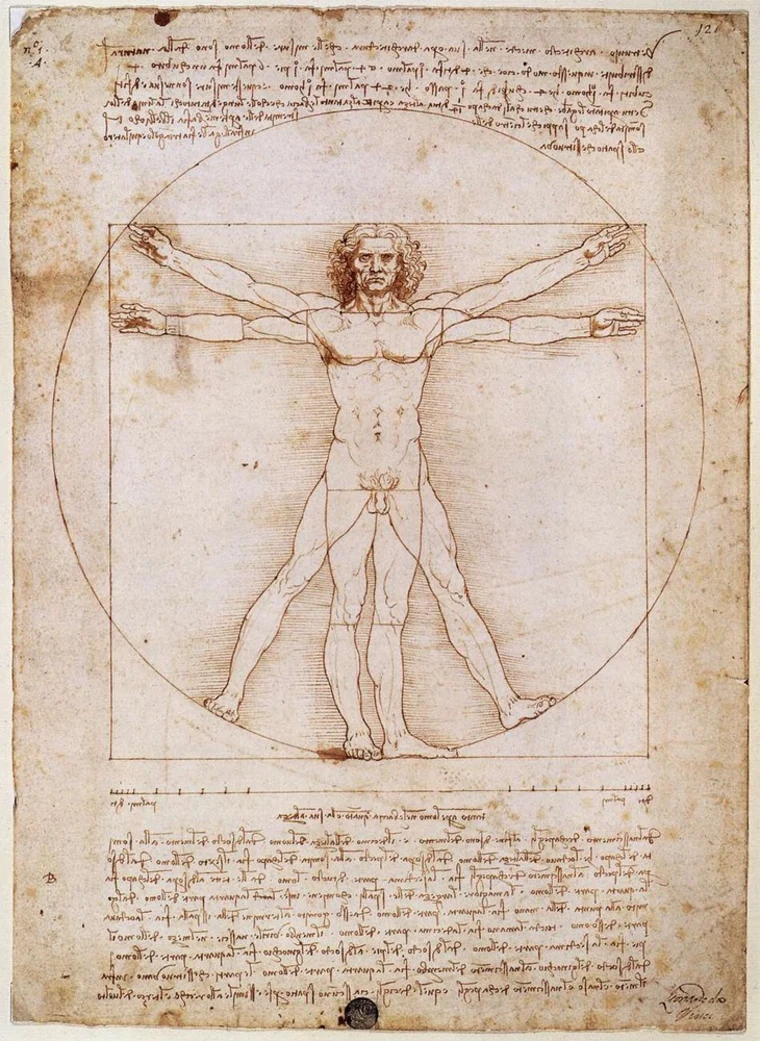 Leonardo da Vinci's drawing of the Vitruvian Man, a figure inscribed in a circle and a square